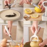 Set 6 ustensile bucătărie cu suport – deschizător, curățator legume, foarfecă, cuțit, tel, ABS & inox, alb - Image 5