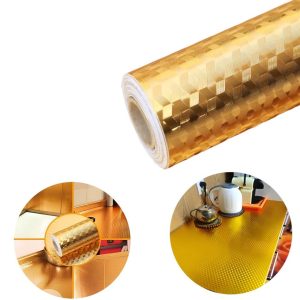 Autocolant bucătărie 3D cub, PVC, 60x100 cm – auriu, autoadeziv și impermeabil