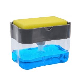 Dozator 2 în 1 Detergent cu Suport Burete – 380 ml, Alb, 14x10.5x10 cm