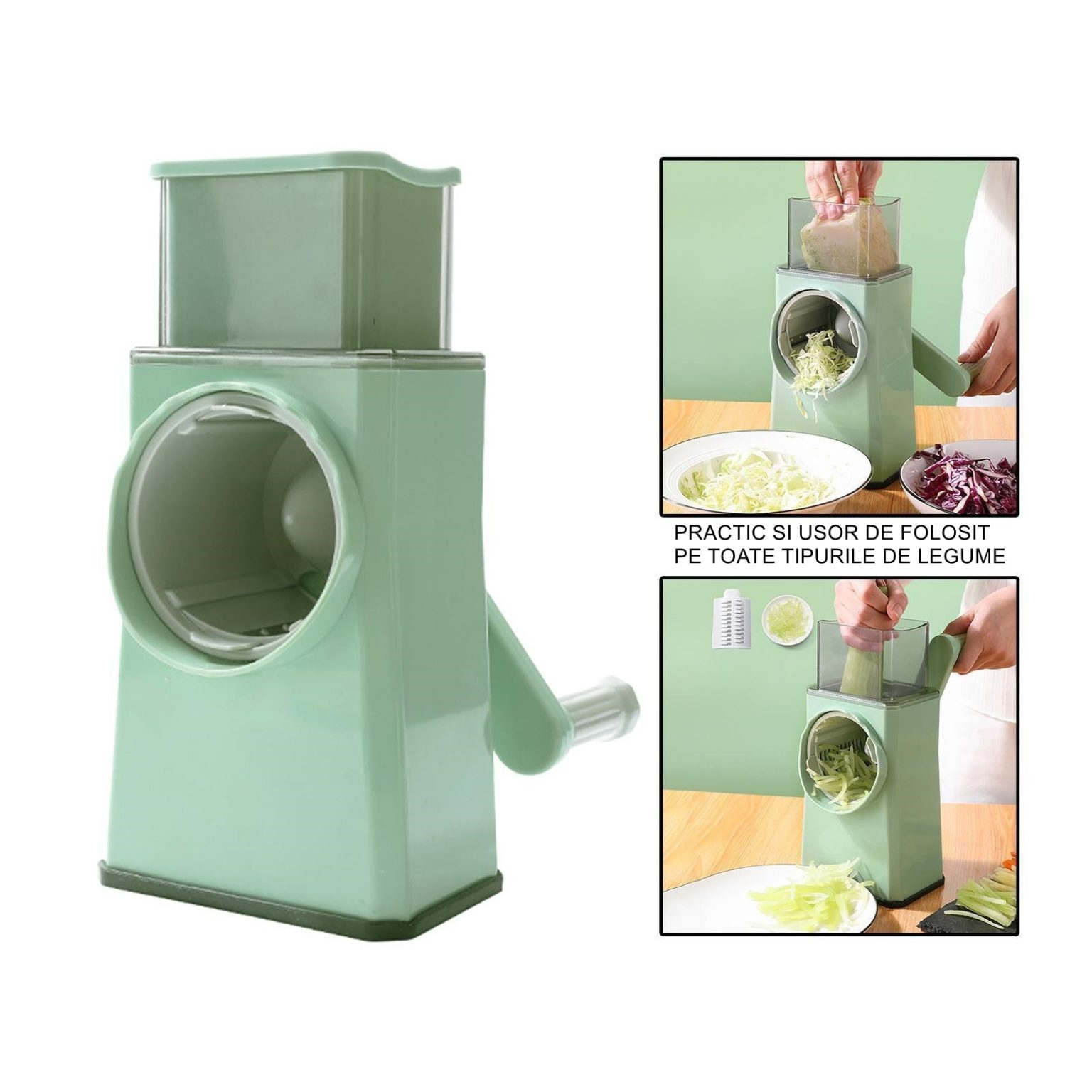Feliator Manual 3-în-1 pentru Legume – Verde, 28.5x9.2x13.5 cm, Lame Inox, Bază cu Ventuză - Image 6