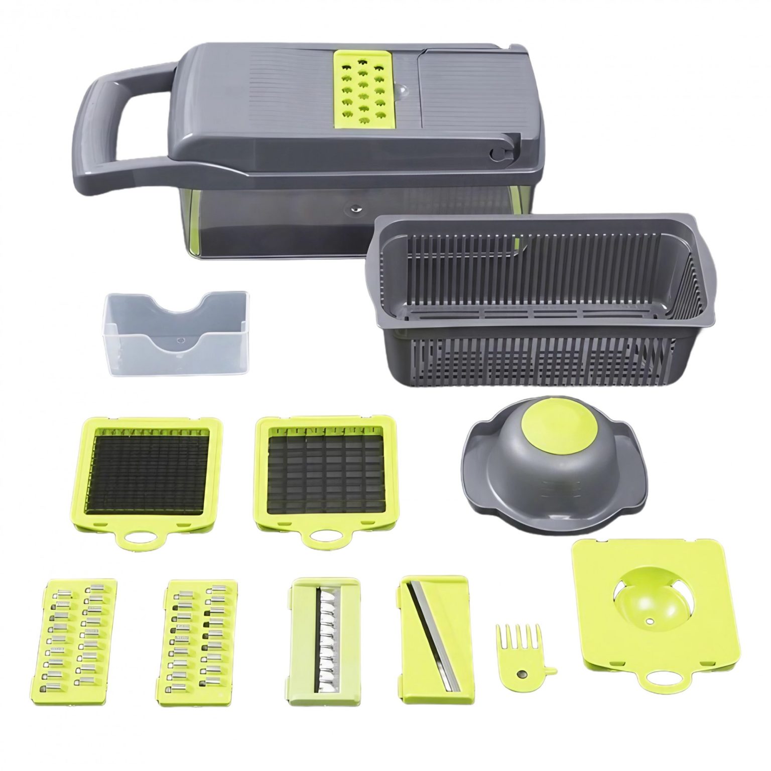 Feliator Multifuncțional 8 în 1 cu Recipient, 10 Piese, Lame Inox, 32.2x11.3 cm, Verde/Gri - Image 1