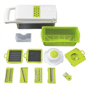 Feliator Multifuncțional 8 în 1 cu Lame Inox, 10 Piese, Recipient Stocare, Separator Ouă, Verde/Alb, 67.5x38.5x49.5 cm