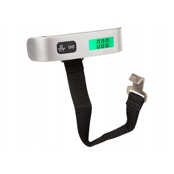Cântar Digital Portabil cu Curea – Alb-Negru, 50 kg, Funcție Tare, 12.5 x 2.8 x 2.8 cm