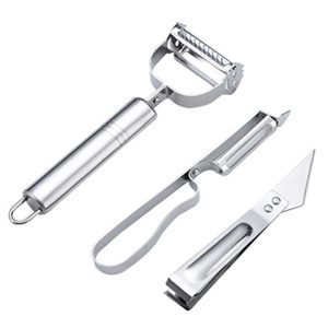 Set 3 accesorii curățat și decojit – inox, pentru fructe și legume, cu mâner, argintiu