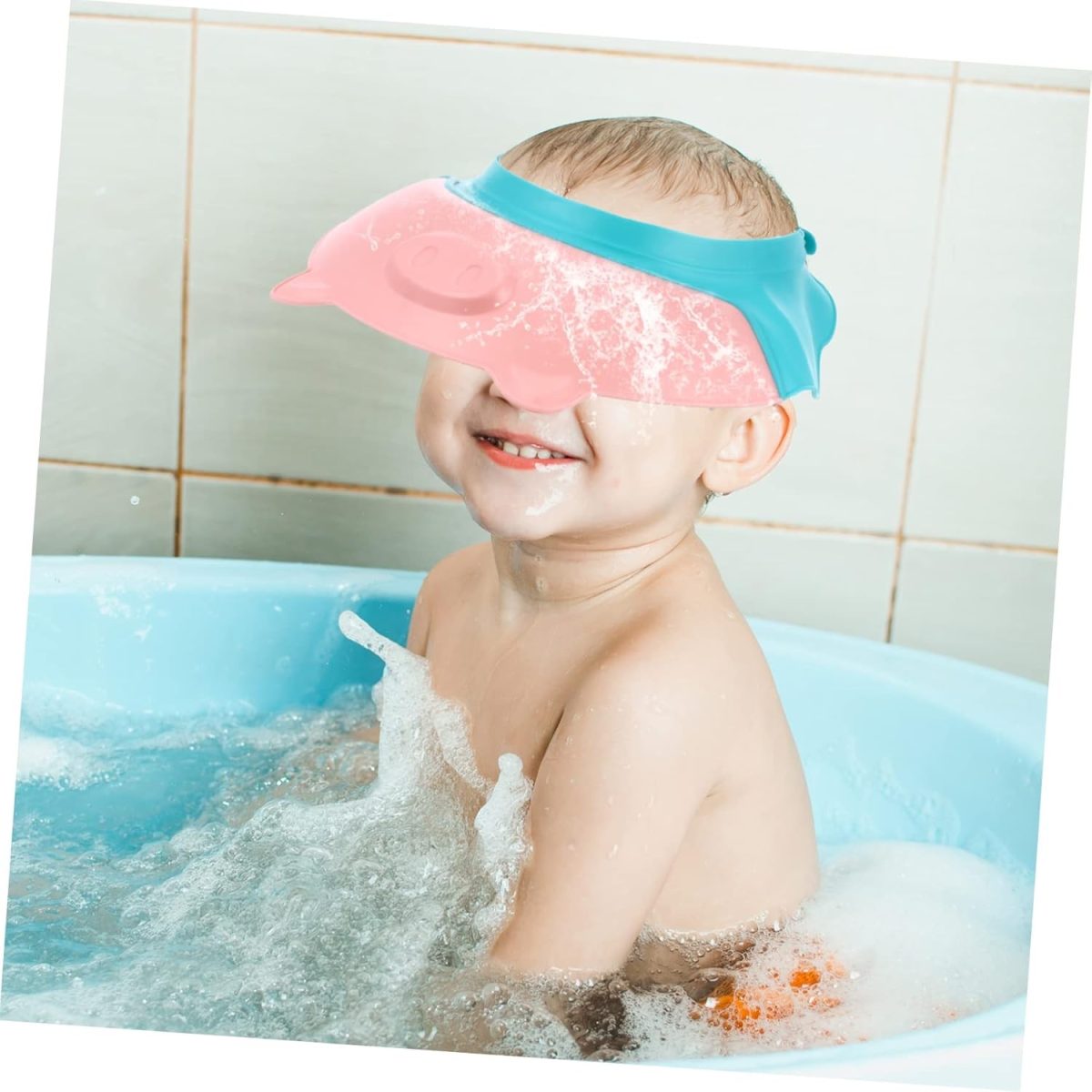 Vizieră de protecție baie pentru copii, model purceluș, ajustabilă, 23x23 cm, roz - Image 4