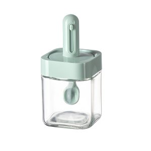 Recipient Condimente cu Lingură și Capac – 300 ml, Sticlă, Verde, 7.1x14.8 cm