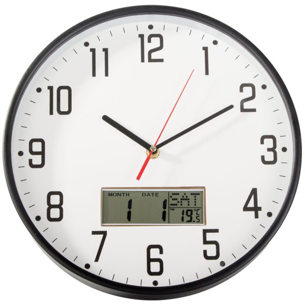 Ceas de Perete Rotund 30cm – Silențios, cu Dată și Temperatură, Aspect Lemn