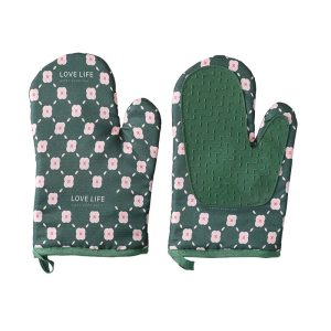 Set 2 mănuși cuptor, rezistente la 330°C, textil & cauciuc, 26.5x18 cm – Verde