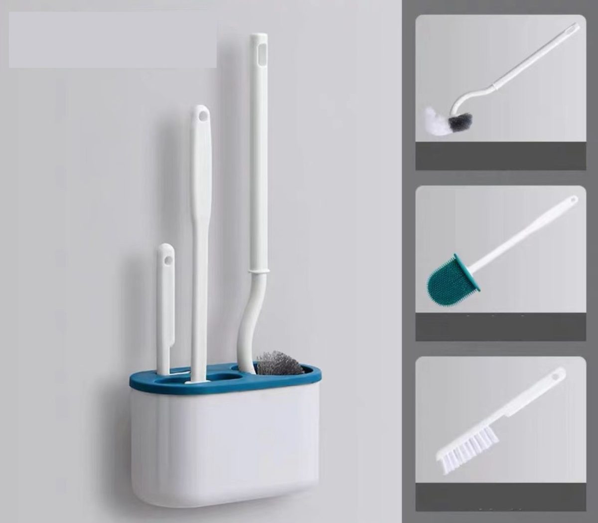 Set 3 Perii Toaletă din Silicon cu Cap Flexibil și Suport de Perete – Albastru/Alb - Image 7