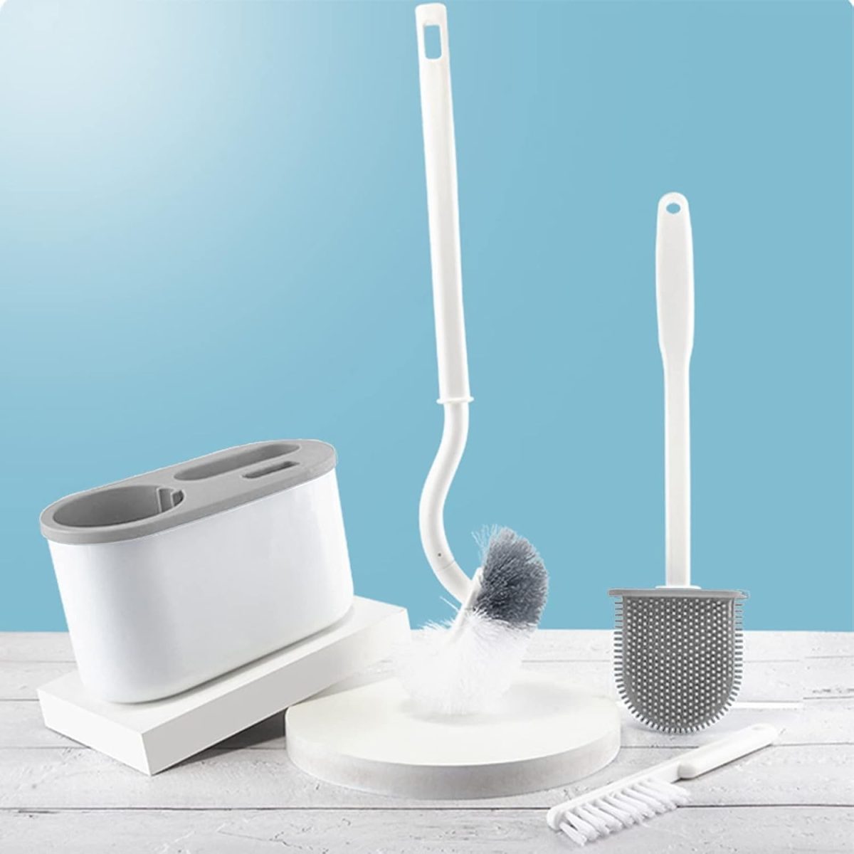 Set 3 Perii Toaletă din Silicon cu Cap Flexibil și Suport de Perete – Gri/Alb - Image 2