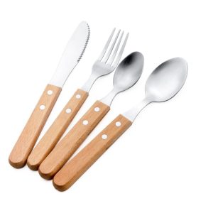 Set 4 tacâmuri din oțel inoxidabil 304 cu mâner din lemn de fag – lingură, linguriță, cuțit, furculiță, gri, 20 x 4 x 2 cm