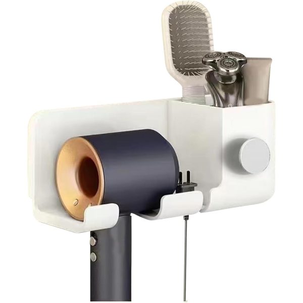 Suport de Baie pentru Uscător de Păr, cu Organizator Dublu – Alb, 23 x 8.8 x 9.5 cm