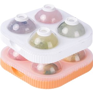 Set 2 Forme pentru Sfere de Gheață – 4 sfere, 6.5 cm, Plastic/Silicon Alimentar, Cu Orificiu Tip Pâlnie, 17 x 17 x 7 cm, Multicolor