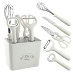 Set 6 ustensile bucătărie cu suport – deschizător, curățator legume, foarfecă, cuțit, tel, ABS & inox, alb