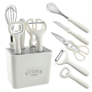 Set 6 ustensile bucătărie cu suport – deschizător, curățator legume, foarfecă, cuțit, tel, ABS & inox, alb