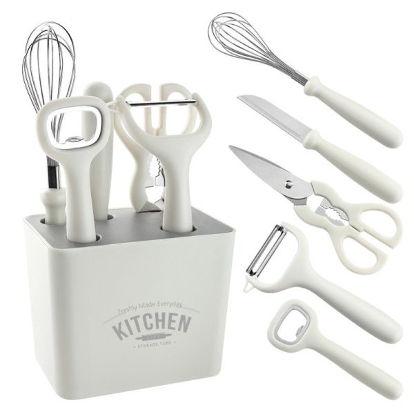 Set 6 ustensile bucătărie cu suport – deschizător, curățator legume, foarfecă, cuțit, tel, ABS & inox, alb